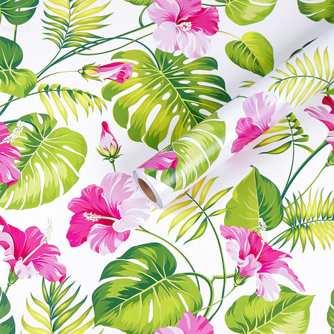 LaCheery Tropical Palm Leaf Peel and Stick Wallpaper 17.7"x 6.8ft Removable White Green Pink Contact Paper Decorative Self Adhesive Floral Wallpaper for Bedroom Walls Shelf Drawer Liner Nightstand
