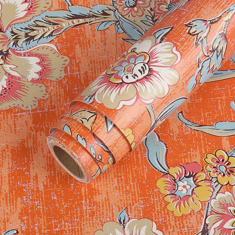 LaCheery 21"x160" Prepasted Orange Peel and Stick Wallpaper for Bedroom Vintage Floral Wallpaper Stick and Peel for Girls Room Decorative Self Adhesive Wall Paper Roll for Living Room Non-Woven Fabric